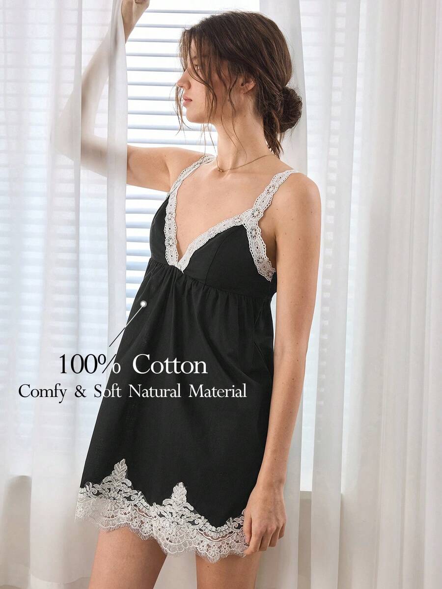 Ocili 女士时尚百搭蕾丝拼接舒适家居服连衣裙 - 黑色 - 查看 1