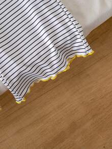 SHEIN Vintaside Kids 女童休閒檸檬仿刺繡條紋T恤與黃色對比色長褲夏季套裝 - 白色 - 查看 7