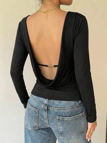 Siren Gaze T-shirt da donna a maniche lunghe con pieghe, colore unito, versatile e alla moda per uso quotidiano - nero - Visualizzare 3