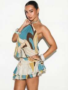 KIZN Halter Neck Abstract Print Mini Dress With Ruffled Hem For Summer Party - Brown - View 4
