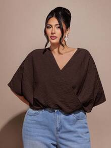 SHEIN BAE 大尺碼女款杏色重疊不對稱中長袖休閒寬鬆襯衫 - 棕色 - 查看 5