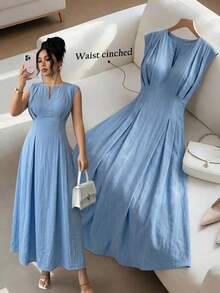 SHEIN Clasi Plus Size Small V-Neck Waist-Defining Flared Long Casual Daily Women's Dress - Blue - View 1