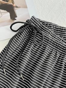 SHEIN CURVE+ 秋冬黑白條紋休閒百搭抽繩大尺碼長褲 - 深灰色 - 查看 7