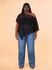 CurvyTilda Plus Size Women Solid Color Asymmetric Neck Summer Vacation Versatile Sexy Country Blouse, For Hourglass Body Shape Clubbing Concert Black - Black - View 4