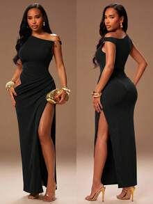 Radiana Summer Sexy Elegant Black Asymmetrical Shoulder Cutout Waist Design Fitted Dress, Jumpsuit, High Slit, Metal Buckle Decor Night Out Dinner - Black - View 8
