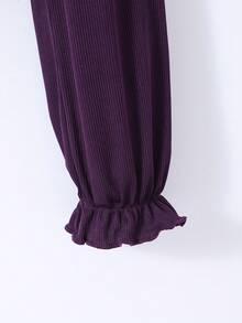 SHEIN 2件/組 女童春/秋休閒針織羅紋蝴蝶結裝飾開襟上衣與印花吊帶洋裝，簡約度假風 - 紫色 - 查看 6