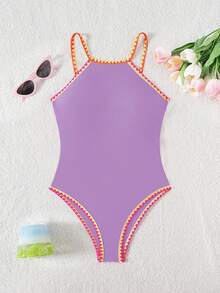 Swim SPRTY 女款一件式無袖拼色飾邊收腹塑形泳衣，夏季海灘衝浪與沙灘穿搭 - 紫色 - 查看 6