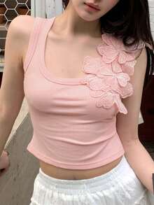 DAZY 女款 3D 花卉裝飾 羅紋修身時尚背心上衣 夏季 - 粉色 - 查看 2