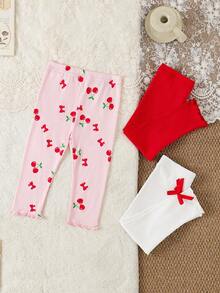 SHEIN Vintaside Kids 3件組女嬰夏季服飾 可愛腮紅粉櫻桃蝴蝶結印花 白色3D裝飾 紅色螺紋波浪邊彈性腰身內搭褲 度假出遊 6個月-3歲 - 彩色 - 查看 4