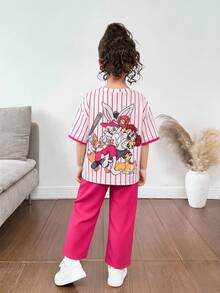 Set 2pcs/Set Anak Perempuan: Kaos Leher Bulat Bergaris Motif Hewan Lucu dan Legging, Cocok untuk Kembali ke Sekolah dan Liburan Musim Panas. - MultiWarna - View 3