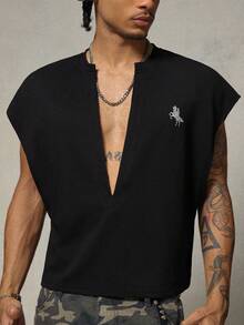 FRESIVO Men's Knight Print Notch V-Neck Casual Versatile Tank Top - Black - View 5