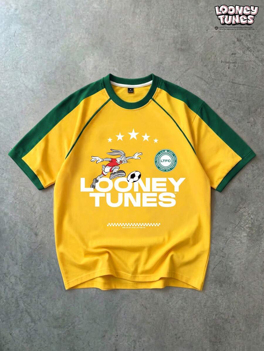 LOONEY TUNES X SHEIN PAVTROS 男士圓領拼接字母與卡通印花休閒日常足球T恤 - 黃色 - 查看 1