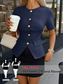 SHEIN Tall CURVE 大尺碼女款優雅短袖輕便夾克，金色鈕扣，適合工作或休閒場合。短袖西裝外套，亞麻材質，休閒襯衫，圓領短袖襯衫，前開鈕扣襯衫，收腰設計，女款正式襯衫，夏季風格 - 藏蓝色 - 查看 8
