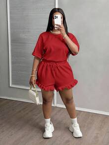 Slaydiva 2pcs/Set Plus Size Women Casual Cowboy Sports Basic Plain Red Short Sleeve T-Shirt And Pleat Hem Shorts Brunch Office Work Summer - Red - View 1