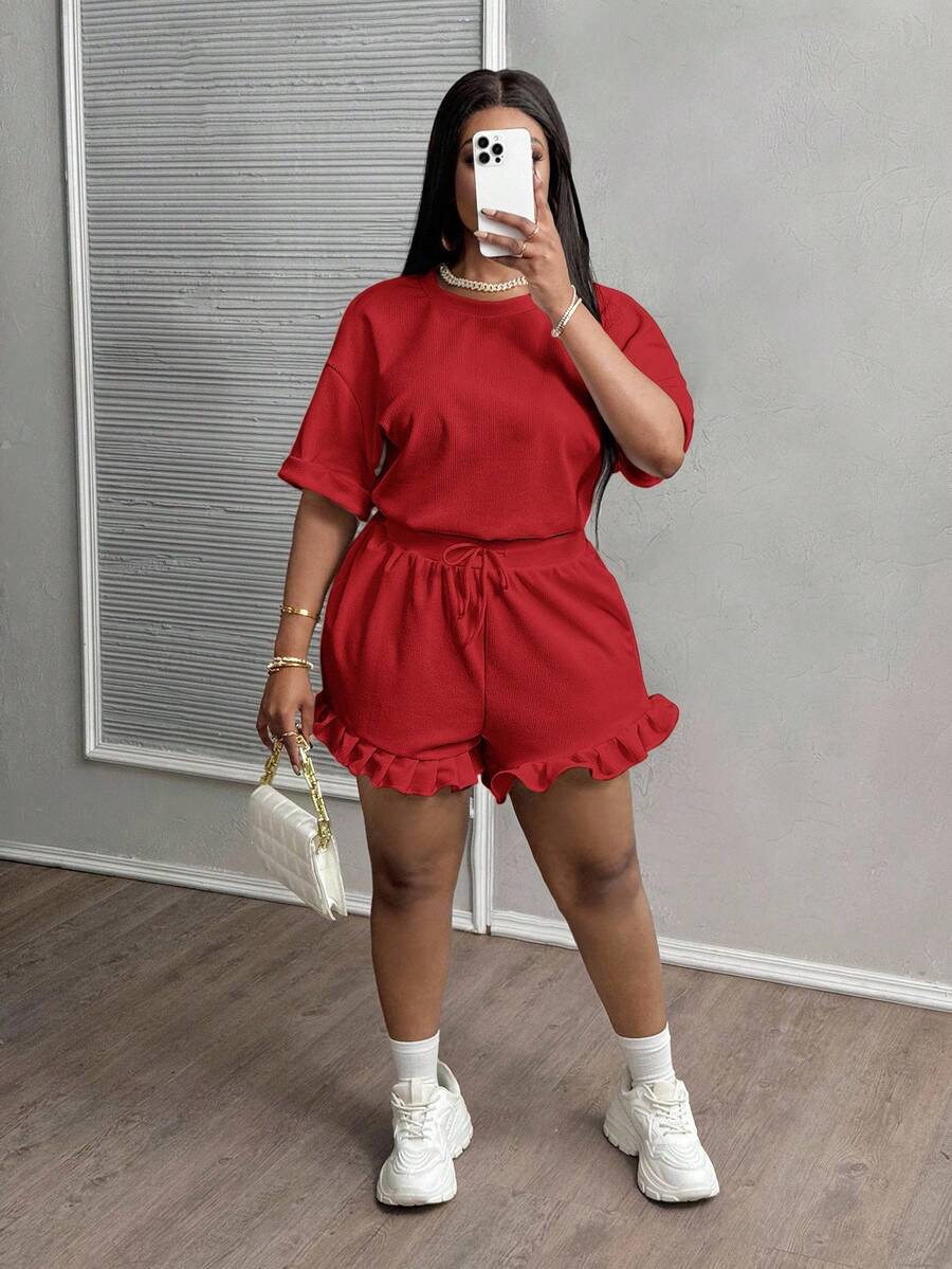 Slaydiva 2pcs/Set Plus Size Women Casual Cowboy Sports Basic Plain Red Short Sleeve T-Shirt And Pleat Hem Shorts Brunch Office Work Summer - Red - View 1