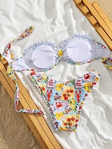Swim Mod 義式復古旅行風夏季水果印花抹胸平口上衣，附蝴蝶結與荷葉邊細節、後綁帶，搭配荷葉邊三角泳褲，復古度假海灘旅行套裝，慵懶氛圍，青春感，隨性優雅，小眾出片海灘裝，溫柔慵懶風，清新風格，慵懶度假感，溫柔優雅海灘套裝，溫柔氛圍 - 彩色 - 查看 5