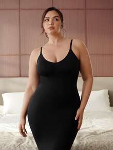 Slumbrini 一件大码女士塑身连体衣连衣裙，收腰设计，黑色无缝，收紧胸部、腹部和腰部，大码塑形连衣裙，全身睡衣 - 黑色 - 查看 5