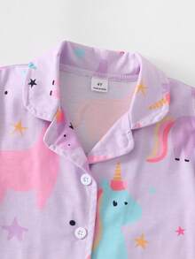 Girls' Colorful Unicorn Pattern Button-Up Lapel Short Sleeve & Shorts 2pcs Comfortable Loungewear Set - Mauve Purple - View 6