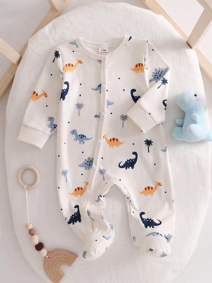1 Pc Newborn Baby Home Jumpsuit, Long Sleeve Floral Soft Comfortable Off-White Autumn Cute Funny Graphic - Multicolor - View 1