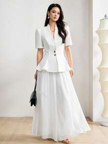 Heiryn Women's White Peplum V-Neck Top Palazzo Pants Set - Summer, Quiet Luxury, Minimalist Basic, Bridal Shower, Graduation Golf - White - View 2