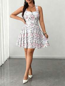 Elenzga Women's Plus Size Elegant Floral Print High Elastic Fabric Spaghetti Strap Wrap Tie Design Back Cinched Waist Bow Cinched Waist Pleated Waist Ultra Flare Versatile Design Party Gathering Music Festival Casual Versatile Design Fashion Item Vacation Night Date Valentine's Day Spaghetti Strap Short Dress - Multicolor - View 3