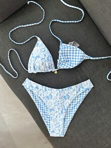 Swim Mod 女款甜美花卉圖案雙色特殊雙層面料掛脖比基尼套裝，適合海灘度假 - 彩色 - 查看 4