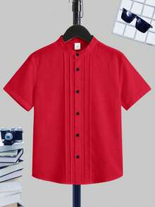 SHEIN Tween Boy Solid Color Single-Breasted Casual Versatile Daily Outing Short Sleeve Shirt - Red - View 3