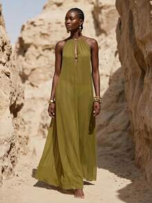Zivah Damen Strandurlaub lässig Grünes Langes Kleid Strandüberwurf, Rundhalsausschnitt mit einzigartigem Hohlsaum, Strandmantel geeignet für Musikfestival, St. Patrick's Day, Valentinstag, Date, Western Thema, Nomadenstil, Geburtstagsfest, Abschlussfeier, Campusleben, lässig Alltag, vielseitiges Kleidungsstück, Freizeitbekleidung, Kreuzfahrtreise, Strandmode, Sonnenbaden - Armeegrün - Übersicht 6