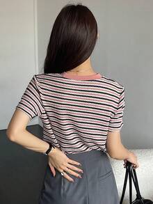Dazy-Less 女士拼色格子短袖T恤老款夏季商务休闲女士工作服 - 粉色 - 查看 5