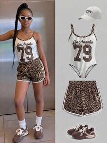 SHEIN 2pcs/Set Teen Girl Knitted White Summer Gothic Leopard Print & Letter Camisole And Shorts Set,Suitable For Sports,Cycling,Running,Basketball Wear - Brown - View 5