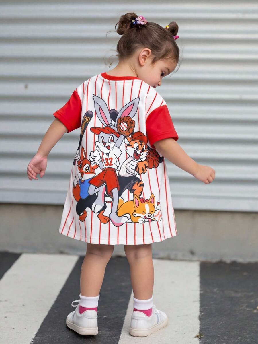 Baby Girl Casual Comfortable Cute Cartoon Animal Print & Striped Patchwork Short Sleeve Dress,Kids - Red - View 1