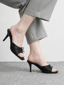 CUCCOO BIZCHIC Elegant Square Toe Bow Elegant Open-Toed Heel Commuter Versatile Slippers Summer - Black - View 3