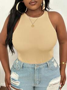 Slaydiva Tank Top Wanita Ukuran Besar Warna Polos Kasual Model Pas Badan dengan Leher Bulat - Kuning muda - View 4