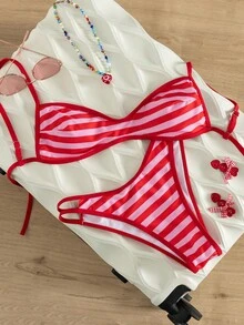 Swim Mod 女款2件組海灘度假休閒浪漫百搭美國國旗印花露背細肩帶上衣與性感側開衩泳褲套裝，7月4日日，修身顯瘦，春假與秋季戶外海灘泳裝 - 彩色 - 查看 6