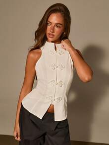 Athîral Women's Casual Chinese Style Sleeveless Button Vest, Summer Fashion, Summer Top, Date & Party - White - View 5