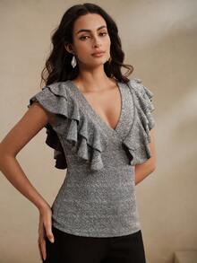 Anewsta Spring/Summer Vibe Sexy Date Party Shiny Knit Fabric V-Neck Ruffle Trim Fitted Silver Gray Women's Short Sleeve Top - Grey - View 6