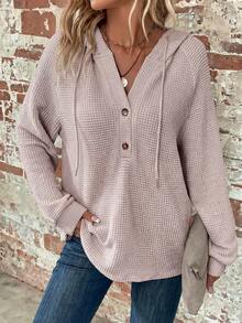 SHEIN LUNE Half Button Raglan Sleeve Drawstring Hoodie,Long Sleeve Tops Graduation,Back To School Outfits,Graduation,Teacher Outfits For Women,Back To School In Fall/Winter - Light Grey - View 5