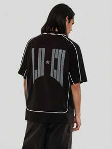 FORM&CHAOS Men's Loose Fit Contrast Color V-Neck T-Shirt, Street Style Graphic Street Wear, Summer - Black - View 5