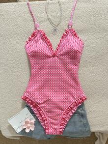 Swim Mod Girls' Special Fabric Pink Lace Halter Neck One-Piece Swimsuit - Multicolor - View 7