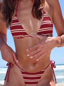 Swim Vcay Women's Sexy Striped Triangle Cup Bikini Set With High Leg Cut, 2-Piece Swimsuit For Vacation - Red and White - View 3