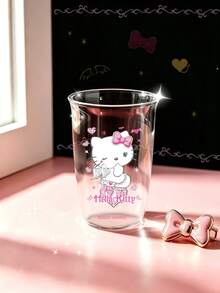 HELLO KITTY AND FRIENDS | SHEIN 1個 Hello Kitty 透明玻璃杯，可愛天使與粉紅愛心印花高硼矽玻璃杯，耐熱可愛飲水杯，適合咖啡、水、果汁，適用於居家、辦公室及女孩禮物 - 彩色 - 查看 1