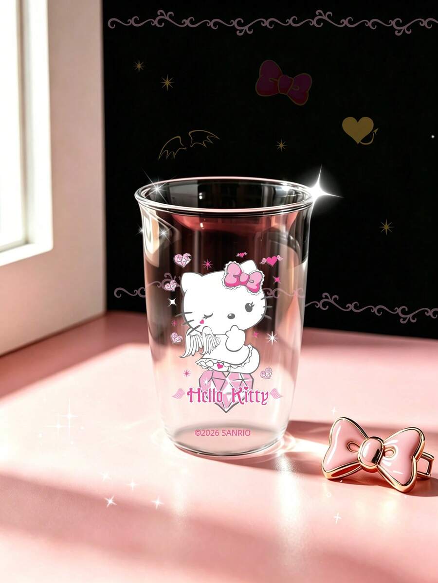 HELLO KITTY AND FRIENDS | SHEIN 1個 Hello Kitty 透明玻璃杯,可愛天使與粉紅愛心印花高硼矽玻璃杯,耐熱可愛飲水杯,適合咖啡、水、果汁,適用於居家、辦公室及女孩禮物 - 彩色 - 查看 1