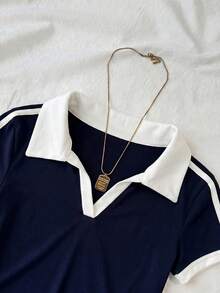 SHEIN Tween Girls' Casual Colorblock Ribbon Patchwork Bow Embroidered Polo Collar Short Sleeve T-Shirt, Summer - Navy Blue - View 5