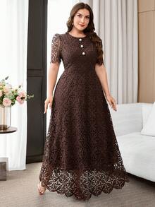Reflora Plus Size Elegant Elegant Faux Pearl Button Decor Lace Patchwork Round Neck Dress - Brown - View 5
