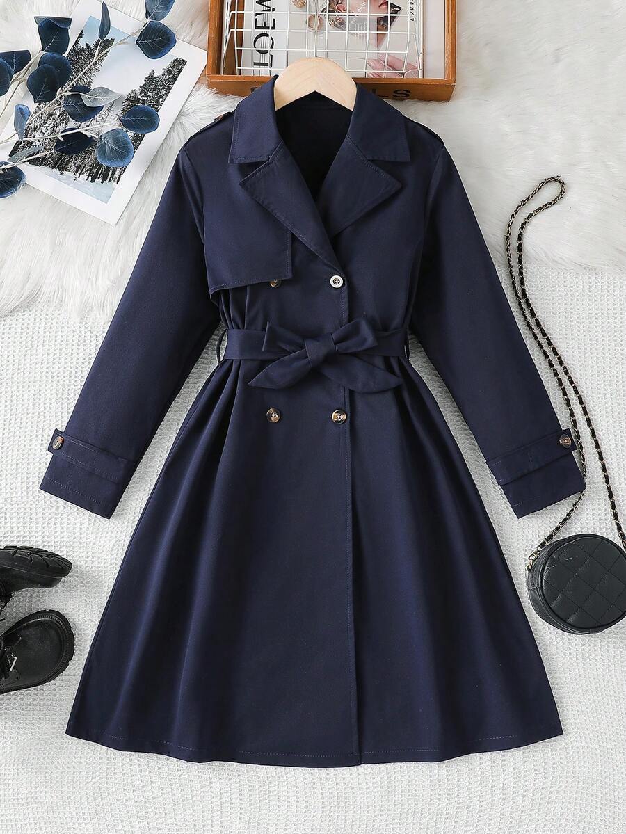 SHEIN 1件時尚女款新卡其色編織雙排扣腰帶長版大衣,適合春、秋、冬、戶外、旅行、街頭風、休閒、居家、通勤 - 藏蓝色 - 查看 1