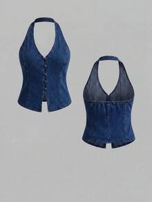 SHEIN ICON 大尺碼夏季時尚前開扣修身掛脖牛仔上衣，舒適休閒，適合節慶、海灘、畢業季、美國日 - 藍色 - 查看 6