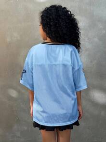 Coolane Kids Áo thun lưới thoáng khí cổ chữ V họa tiết báo, số và ngôi sao cho bé gái tuổi mới lớn, thể thao mùa hè - Màu xanh lam - Xem 3