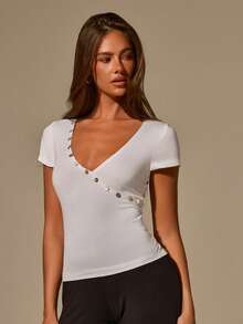 Athîral Women's Casual V-Neck Cross Button Short Sleeved Top, Suitable For Daily Wear At Gatherings, With Elastic, Soft And Comfortable Fabric For Summer - White - View 4