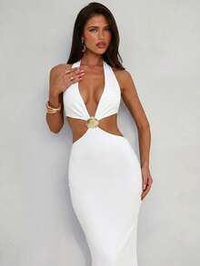 Aloruh Robe longue ajustée pour femmes, décolleté plongeant, décoration de coquillage en métal, dos nu, pour vacances à la plage, bleue - Blanc - Voir 3