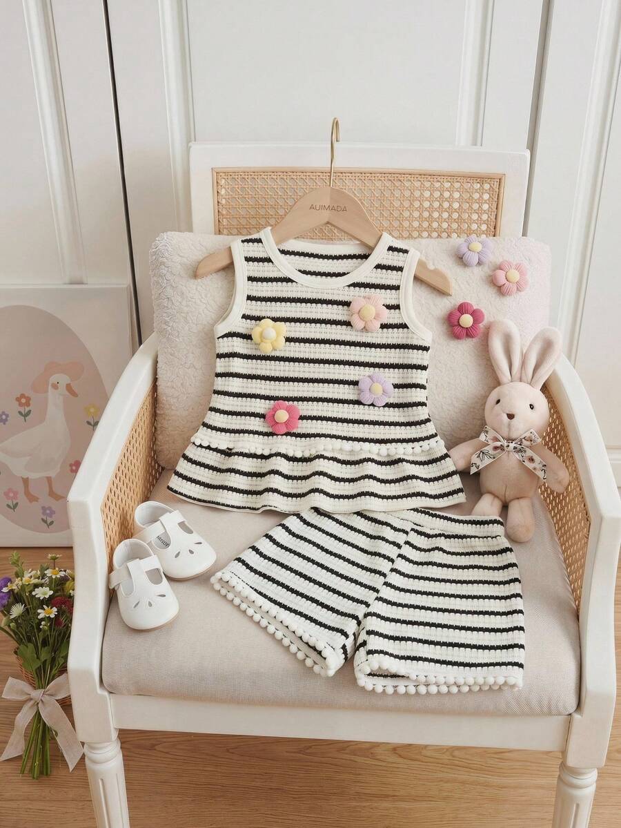 Souflis Souflis 2025 Summer New French Style Baby Girls Floral 3D Knit Striped Sleeveless Top With Polka Dot Ruffle + Comfortable Wide Leg Shorts Set